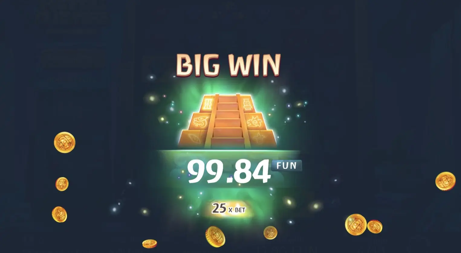 Aztec Clusters Big Win screen showing 99.84 FUN payout at 25x bet