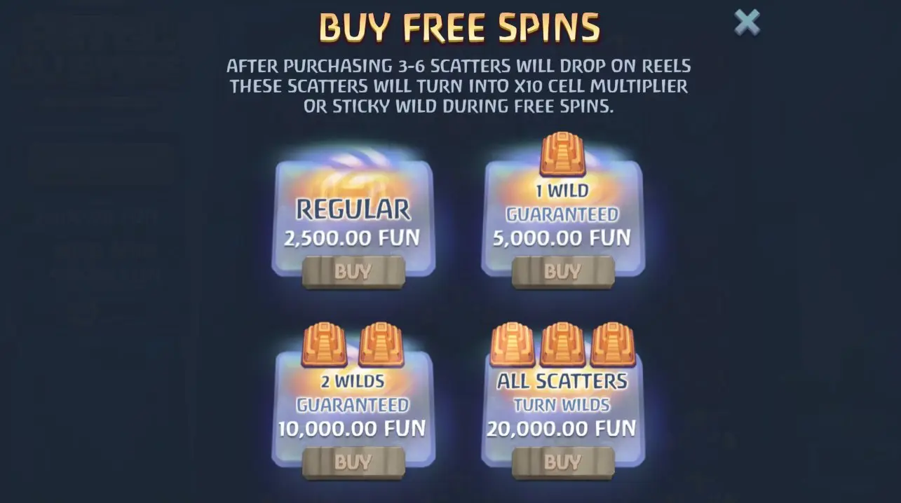 Aztec Clusters Buy Bonus menu with 4 levels from Regular 2500 to All Scatters 20000 FUN
