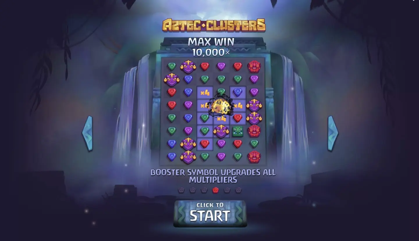 Aztec Clusters intro screen showing Max Win 10000x and Booster multipliers