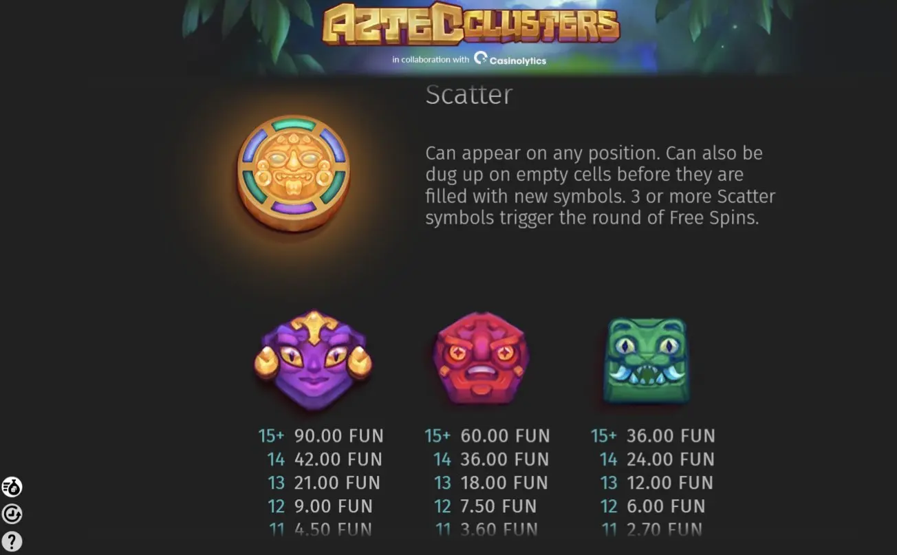 Aztec Clusters high symbol paytable: Scatter, Purple Lizard, Red Mask, Green Snake