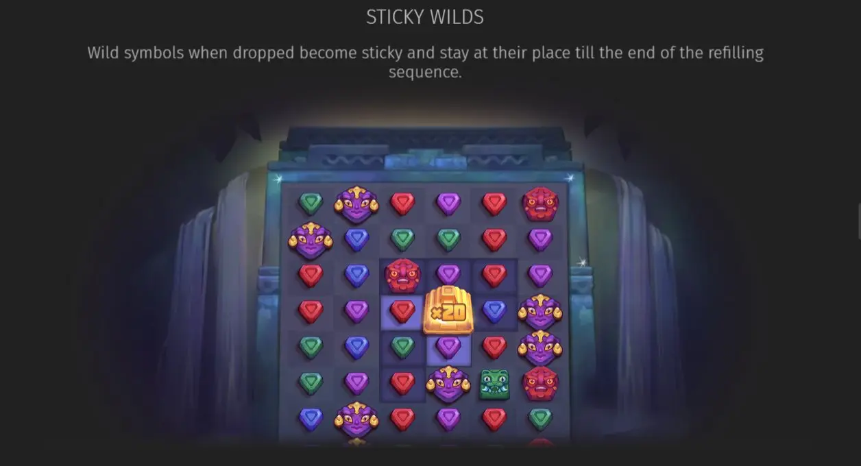 Aztec Clusters Sticky Wild symbol with x20 multiplier locked on grid