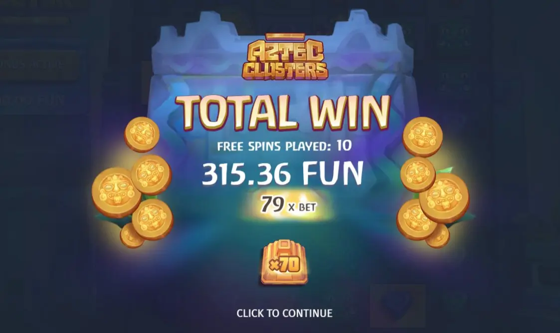 Aztec Clusters Total Win 315.36 FUN at 79x bet after 10 free spins